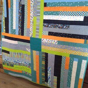 BN HANDMADE JELLY ROLL QUILT AQUA, GREY, BLACK, YELLOW, ORANGE, GREEN BLUE